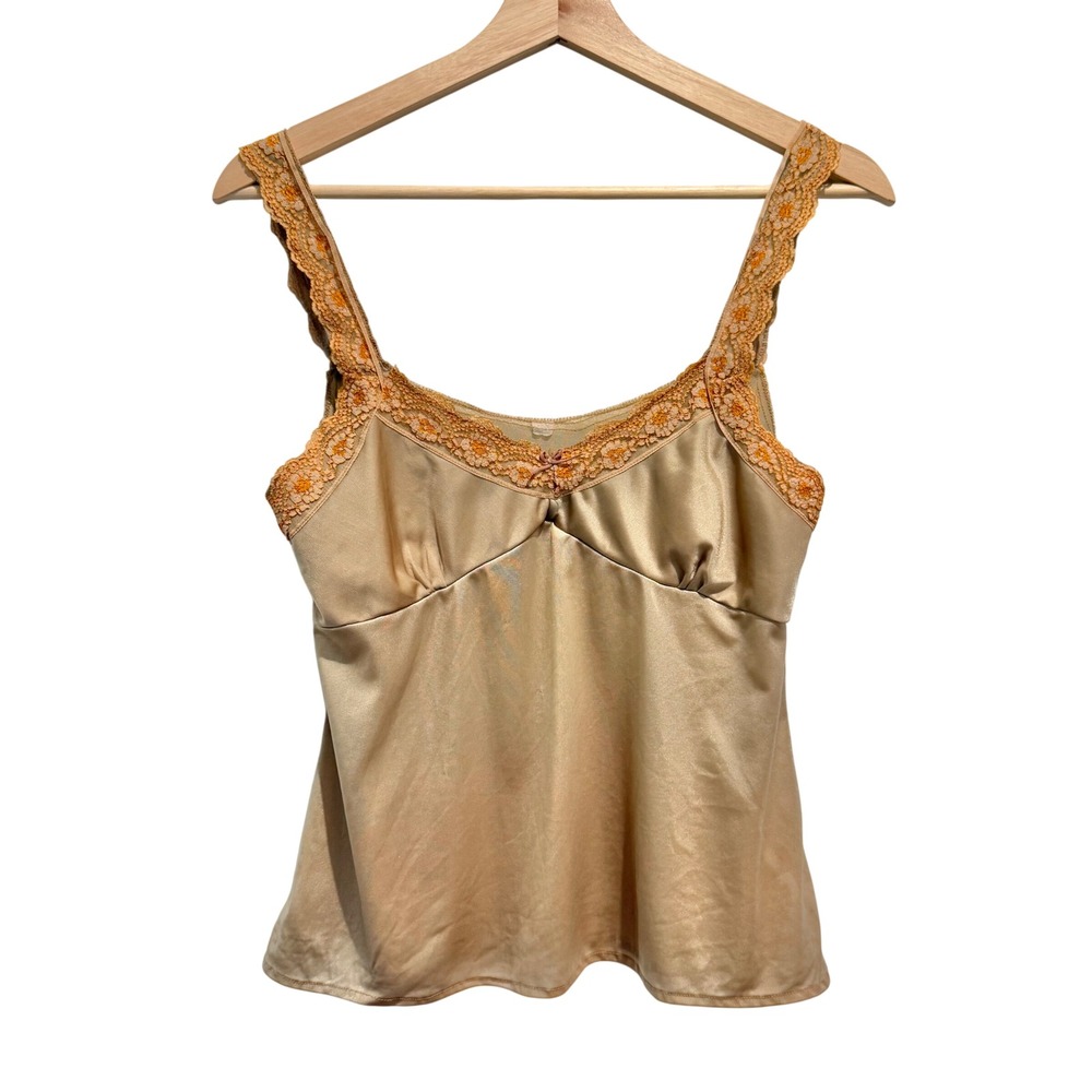 Vintage Fairy Champagne Gold Satin Camisole Top Lace Size Medium
